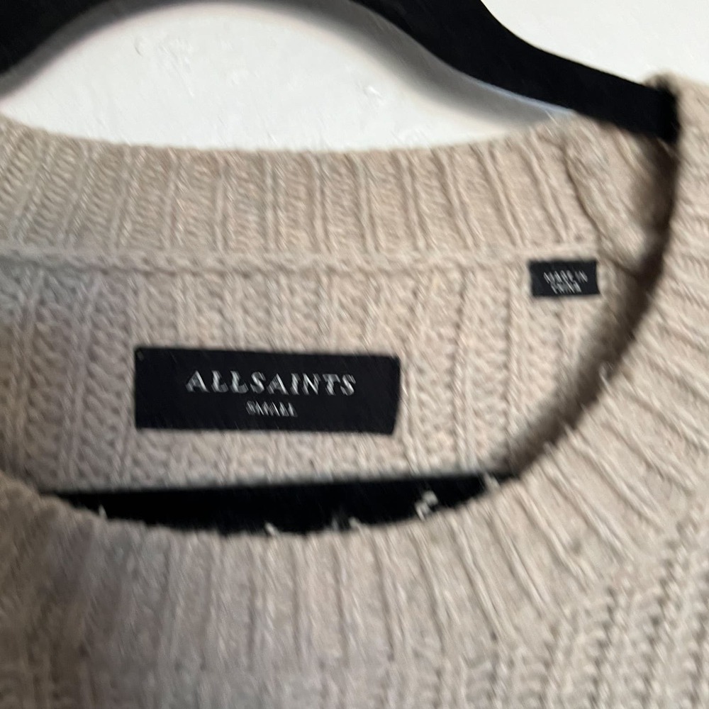 All Saints Ribbed Crewneck Oversized Knit Sweater Wool Small Tan Khaki Classic - Picture 3 of 9